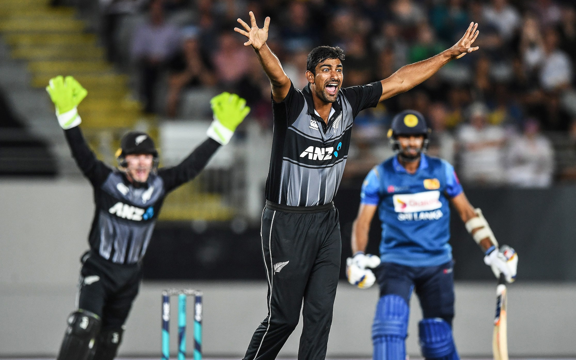 New Zealand leg spin bowler Ish Sodhi appeals successfully for a LBW decision to dismiss Dasun Shanaka.