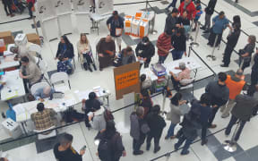 People lining up to vote in advance at St Lukes mall in Auckland.