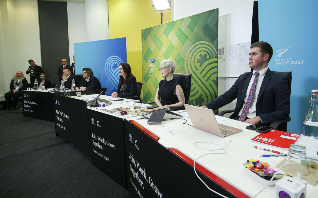 Prime Minister Jacinda Ardern speaks during the APEC Informal Leaders' Retreat at the Majestic Centre on 16 July 2021 in Wellington, New Zealand. As chair of APEC 2021, Ardern hosted the virtual meeting.