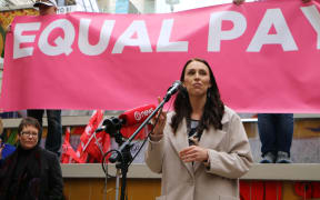 Jacinda Ardern addresses the crowd at the Pay Equity Rally in Auckland.