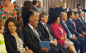 Politicians, including Prime Minister Bill English (third from left), at Waitangi.