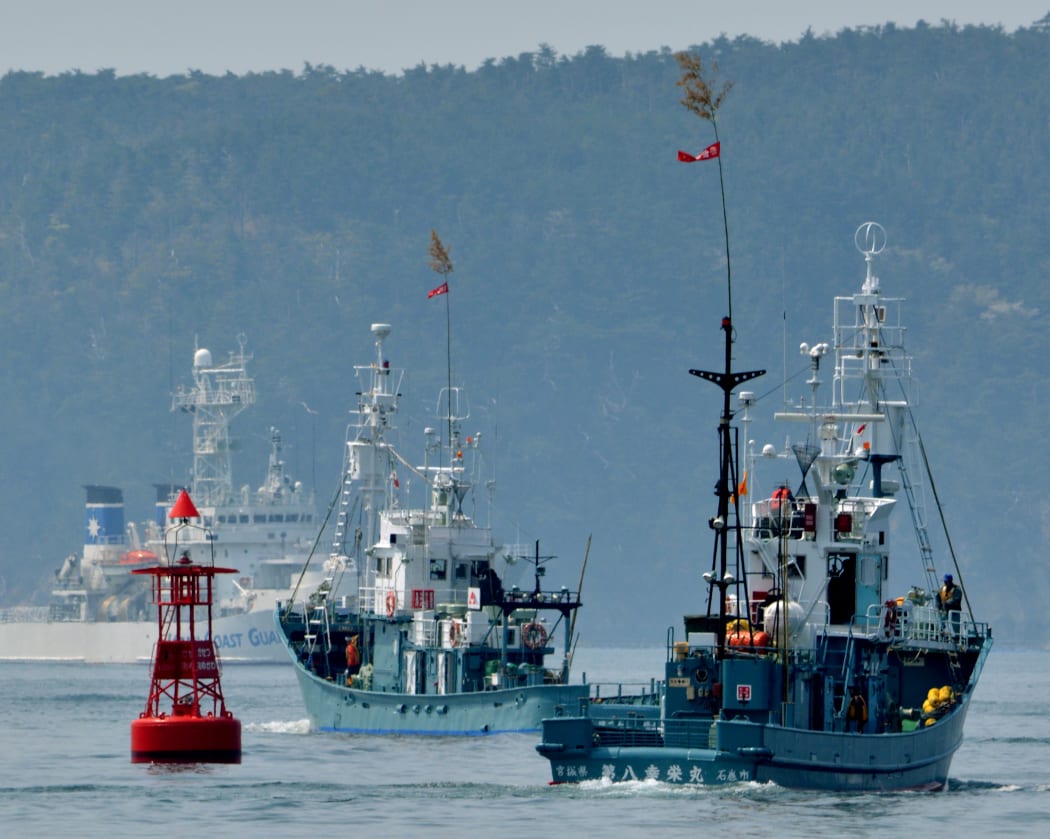 Japanese whaling fleets depart Ayukawa port in Ishinomaki City on April 26, 2014 under under tight security by the Japan Coast Guard. AFP PHOTO / KAZUHIRO NOGI