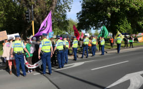 Police move Extinction Rebellion protesters off the street at Latimer Square, Christchurch.