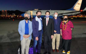 Taiwan's Ministry of Foreign Affairs released a picture of (from left) US Representatives Alan Lowenthal, John Garamendi, Don Beyer and Aumua Amata Coleman Radewagen, posing with Taiwanese diplomat Douglas Yu-tien Hsu (centre) at Sungshan Airport in Taipei, 14 August 2022.