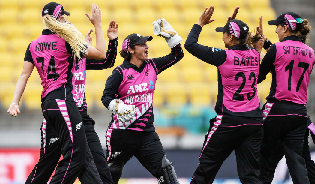 The White Ferns celebrate a wicket in the first T20 against India.