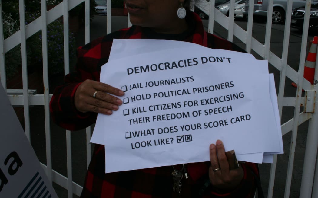 NZ protestors call for media freedom in West Papua, outside Indonesia's embassy in Wellington