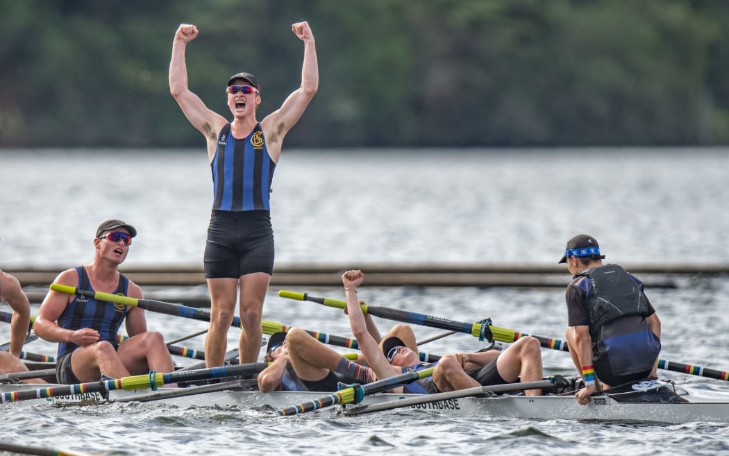 CBHS 8 - Scott Shackleton (stroke), Tom Fraser, Cameron Long, Ethan Alderlieste, Cameron Henderson, Angus Templeton, James Glover, Ben Brown + Timothy Heritage (cox) celebrate winning the final at the NZ Secondary Schools Rowing Championships