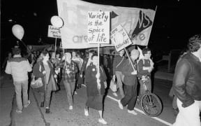 A march in support of homosexual law reform in Wellington on 24 May 1985.