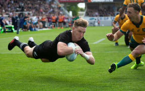 All Blacks winger Jordie Barrett scores a try during the 2nd Bledisloe Cup test match between the New Zealand All Blacks and Australia - Eden Park, Auckland, New Zealand.