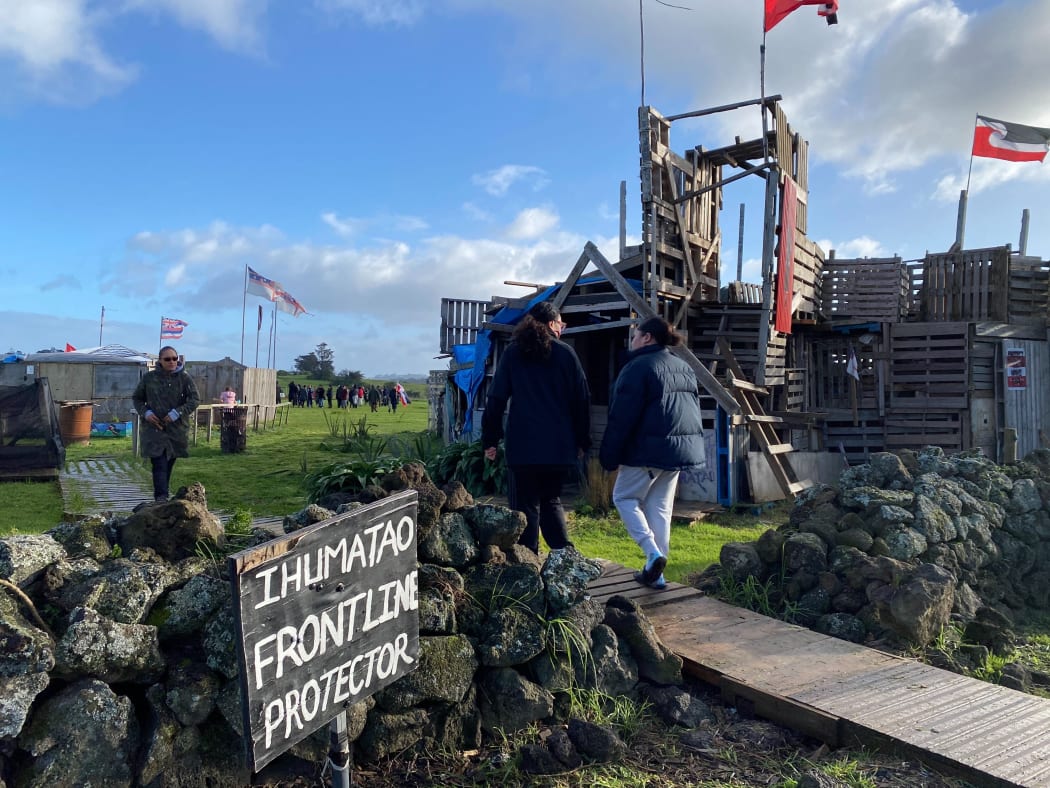 Ihumātao occupiers gathered to mark a year since the eviction notice for the disputed land was served, 23 July 2020.