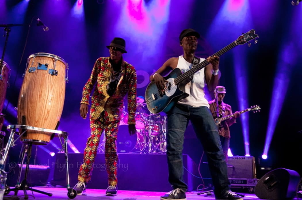Jupiter Okwess International on stage at WOMAD Taranaki 2015.