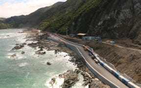 The seawall along a section of State Highway 1 north of Kaikōura.