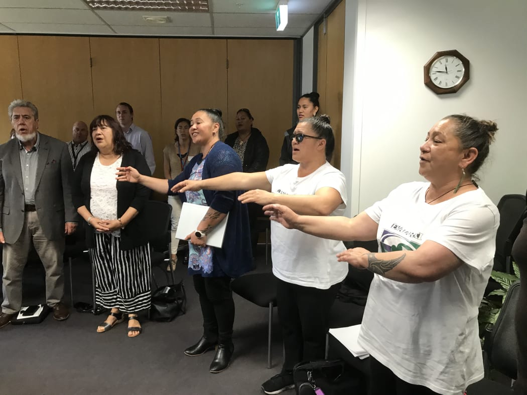 Spontaneous waiata in NRC council chambers in support of the council's decision on Māori constituencies. From left, Mike Kake, Violet Sade, Auriole Ruka, Aorangi Kawiti and Ana Kake.