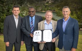 AFP Commissioner Andrew Colvin, Fiji Police Force Deputy Commissioner Rusiate Tudravu, Tonga Police Service Commissioner Steve Caldwell, and New Zealand Police Commissioner Mike Bush.