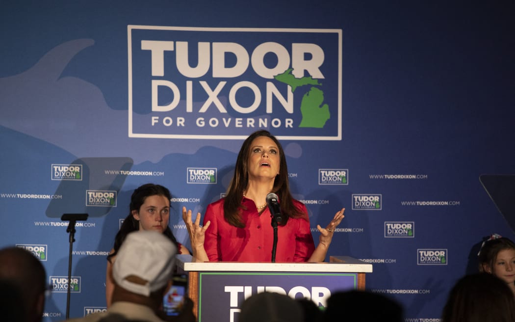 GRAND RAPIDS, MI - AUGUST 02: Michigan Republican gubernatorial candidate Tudor Dixon speaks at her primary election night party after winning the nomination at the Amway Grand Plaza on August 2, 2022 in Grand Rapids, Michigan. Dixon, a conservative commentator, recently received former President Donald Trump's endorsement.   Bill Pugliano/Getty Images/AFP (Photo by BILL PUGLIANO / GETTY IMAGES NORTH AMERICA / Getty Images via AFP)