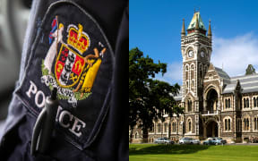 A composite image from file photos shows a police officer, left, and Otago University