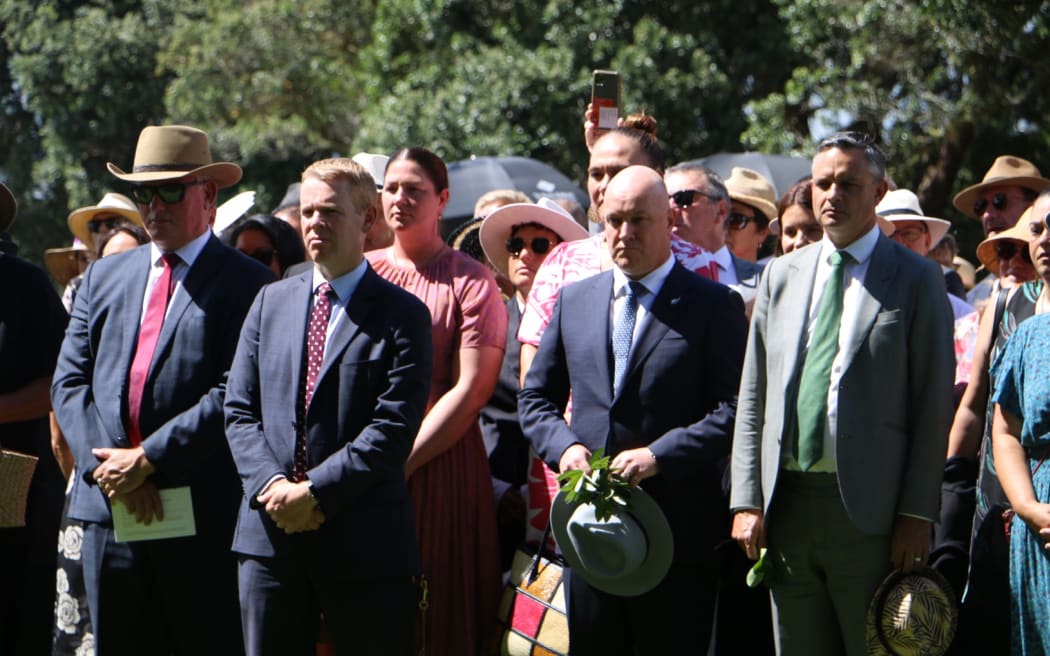 From left MP for Te Tai Tokerau Kelvin Davis, Prime Minister Chris Hipkins, opposition leader Christopher Luxon and Green Party co-leader James Shaw being welcomed onto onto Te Whare Runanga on the Treaty grounds at Waitangi in 2023.
