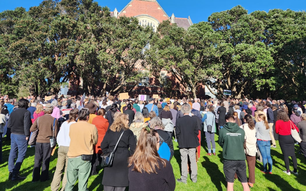 Staff and students rally at Victoria University on 21 June, 2023.