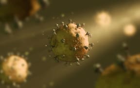 Coronavirus cells floating on a sepia backdrop with monochromatic shades, 3d illustration. Covid-19 infection pandemic concept, microscope magnification.
