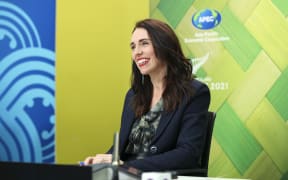Prime Minister Jacinda Ardern speaks during the APEC Informal Leaders' Retreat at the Majestic Centre on 16 July 2021 in Wellington, New Zealand. As chair of APEC 2021, Ardern hosted the virtual meeting.