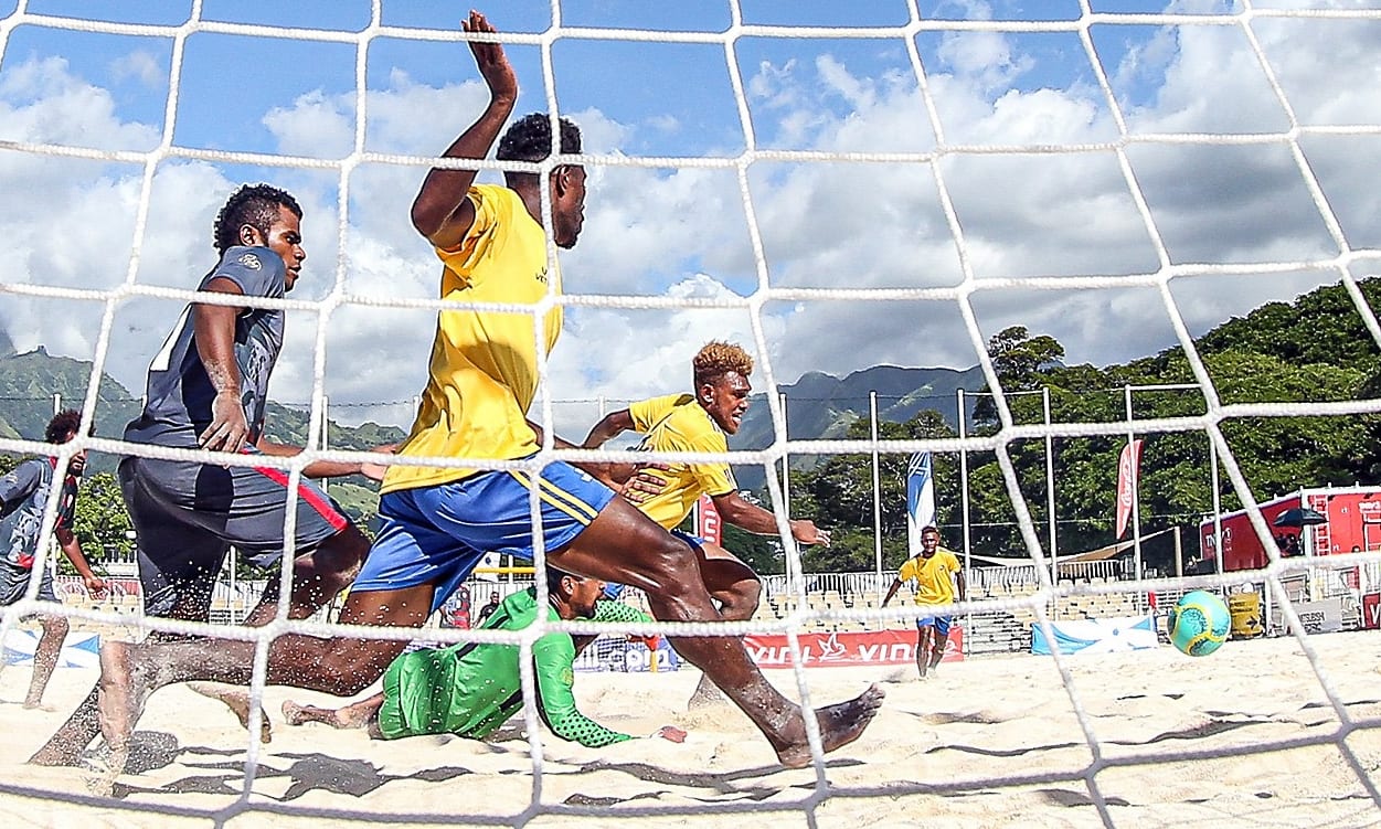 Goalmouth action. OFC Beach Soccer Nations Cup 2019, New Caledonia v Solomon Islands, Aorai Tini Hau, Tahiti, Monday 17th June 2019.
