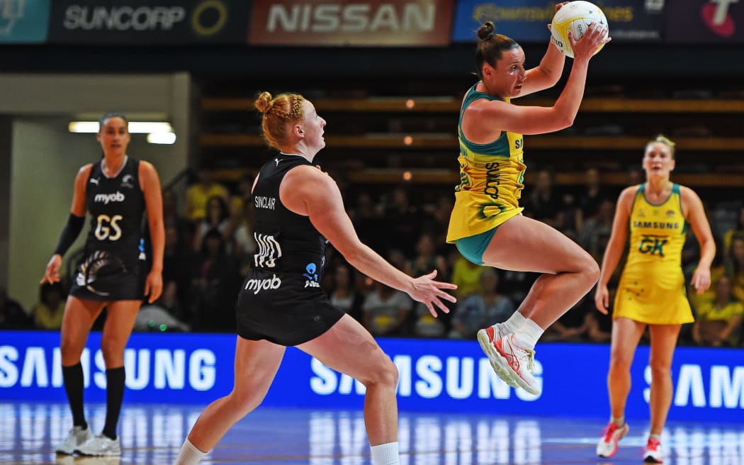 2018 Constellation Cup between the Australian Diamonds v Silver Ferns. Diamonds Kelsey Browne catches the ball in front of Silver Ferns Sam Sinclair.