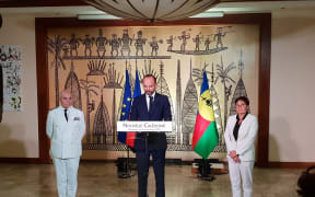 French prime minister Edouard Philippe flanked by overseas minister Annick Girardin and the High Commissioner to New Caledonia Thierry Lataste
