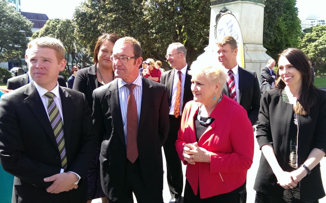 (From left) Chris Hipkins, Andrew Little, Annette King and Jacinda Ardern wait outside Parliament.