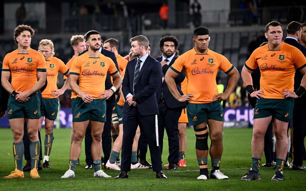 Wallabies react following their loss to the Pumas in Sydney.