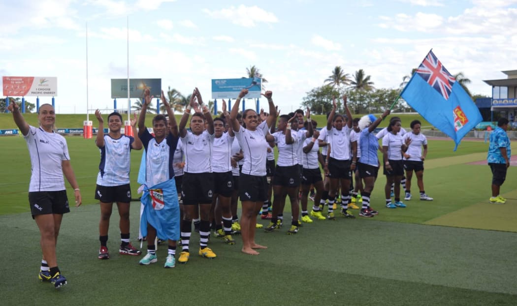 The Fijiana 15s celebrate winning the Oceania Women's Championship.