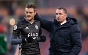 Leicester City Manager Brendan Rogers consoles Jamie Vardy of Leicester City.
