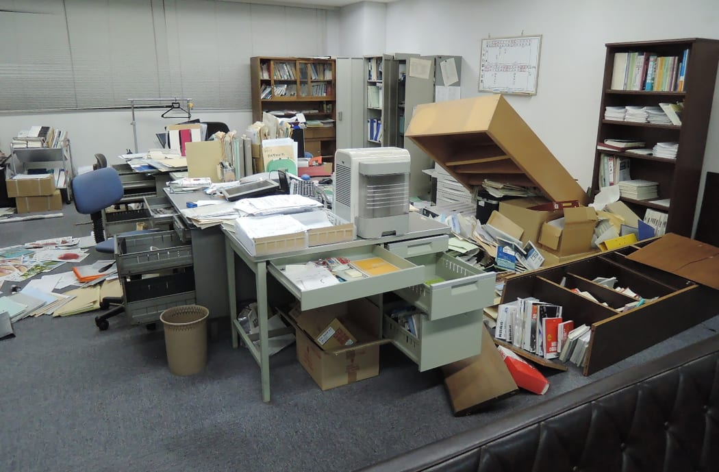 An office following an earthquake in Kumamoto city on 14 April  2016.