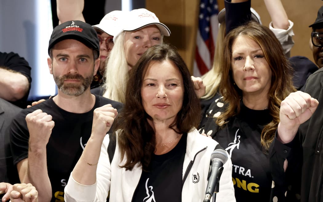 Ben Whitehair, Frances Fisher, SAG President Fran Drescher, Joely Fisher, National Executive Director, and SAG-AFTRA members are seen as SAG-AFTRA National Board holds a press conference for vote on recommendation to call a strike regarding the TV/Theatrical contract at SAG-AFTRA on July 13, 2023 in Los Angeles, California.