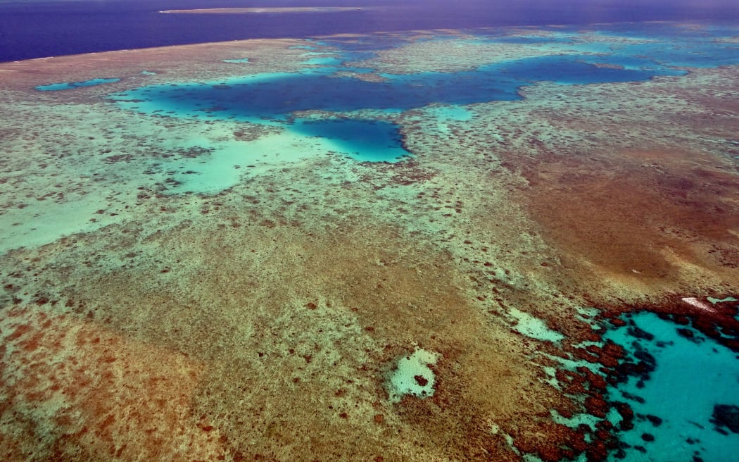 Landscape of the Great Barrier Reef in the Coral Sea off the coast of Queensland, Australia, 2018. A marine heat wave resulted in severe bleaching events in 2016 and 2017.