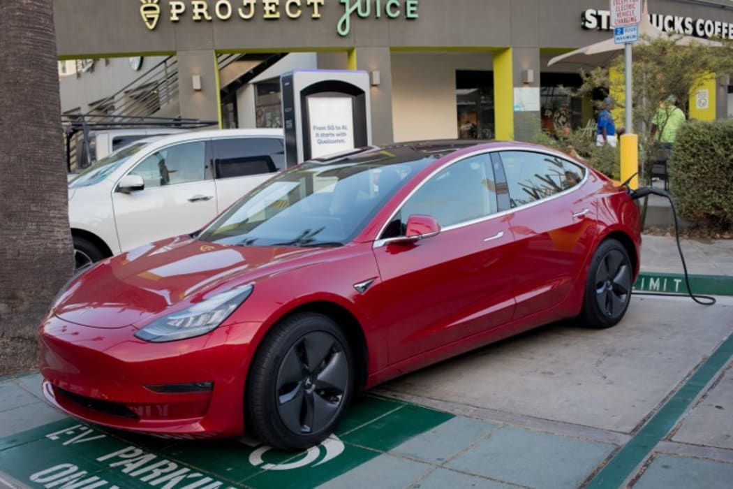 Tesla Model 3 at a charging station provided by the San Francisco startup Volta.