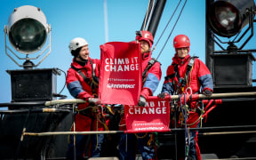 Greenpeace activists on board the government research ship Tangaroa in Wellington.