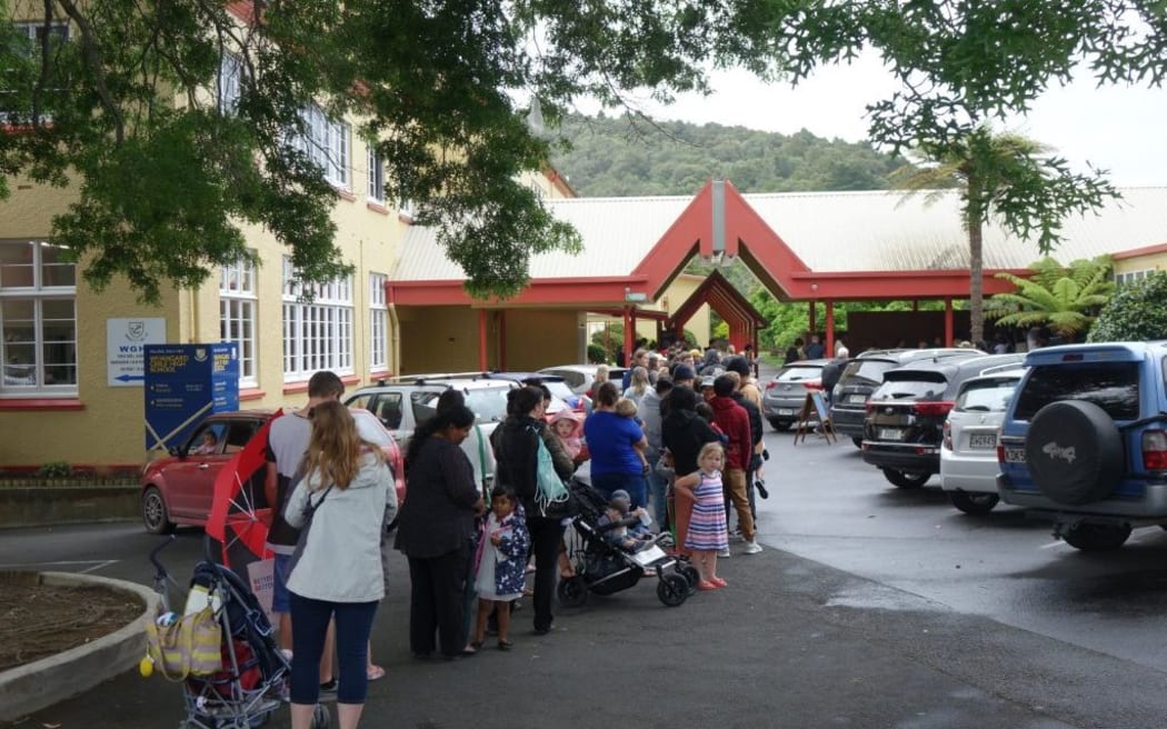 The queue outside the vax clinic at  Whangarei Girls High