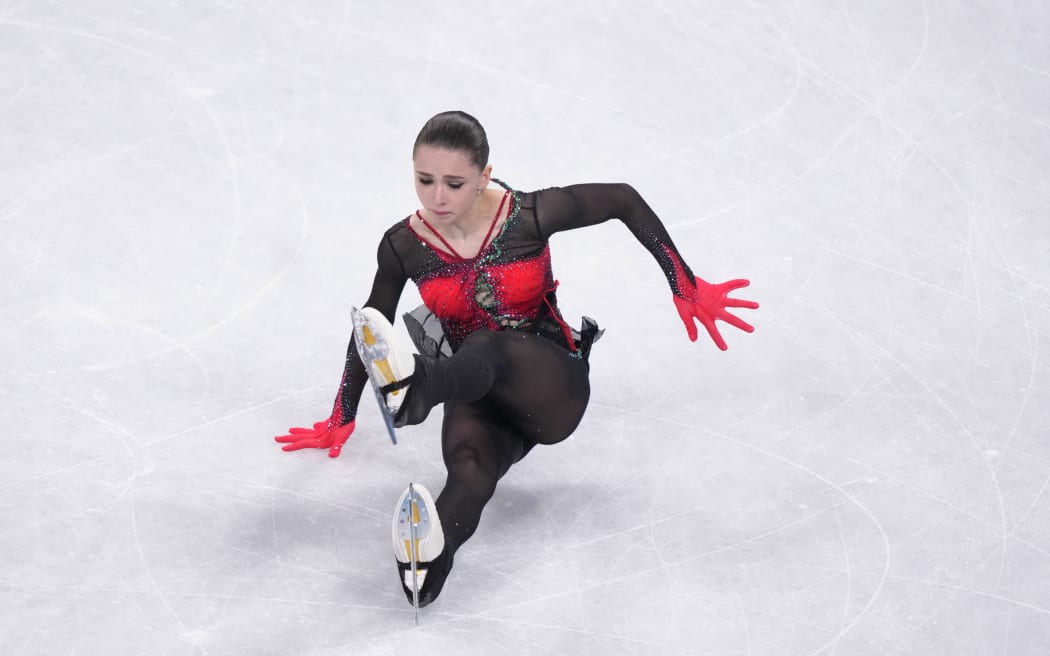 Kamila Valieva of ROC figure skater falls down during Figure Skating Women Single Free Skating, Beijing Olympics.