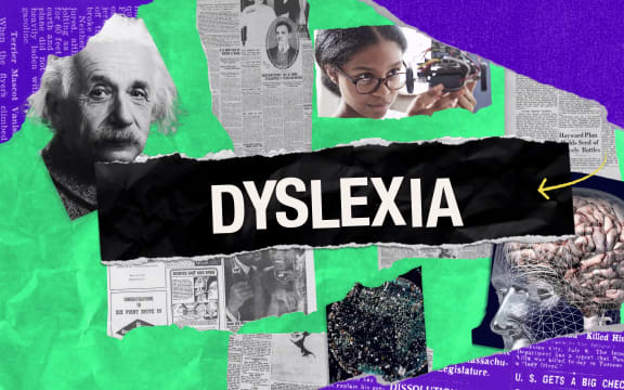 The word dyslexia across the middle of the page, and images of news articles, and several photos including Albert Einstein.