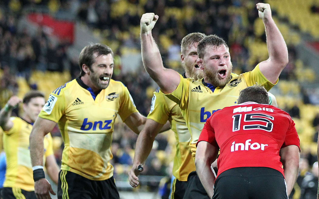 Hurricanes prop Reggie Goodes celebrates after scoring against the Crusaders 2015.