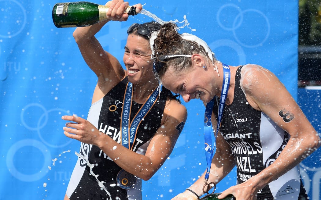 Andrea Hewitt (L) and Nicky Samuels celebrate their podium finish at the World Championship Grand Final.