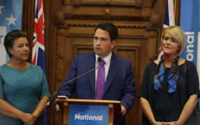 New National Party leader Simon Bridges, with deputy Paula Bennett (left) and wife Natalie.