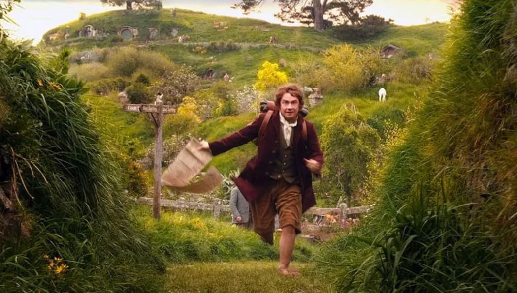 Bilbo Baggins leaving Hobbiton on his quest. There are now guided tours of the set near Matamata.