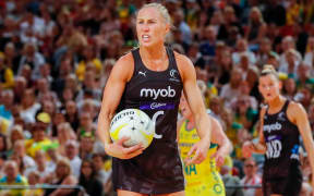 Laura Langman of the Silver Ferns reacts to a call in the final match of the 2019 Contsellation Cup series in Perth.