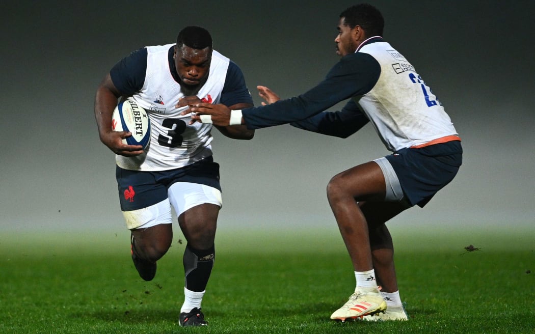France prop Demba Bamba runs with the ball during a training session on 11 November, before their test with Fiji was called off.