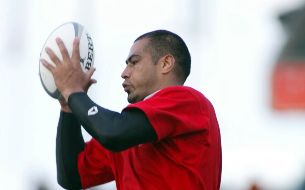 An image of Tongan rugby captain, Inoke Afeaki, being lifted during a game against New Zealand Maori at North Harbour Stadium in 2 June 2003. . NZ Maori won 47-12.