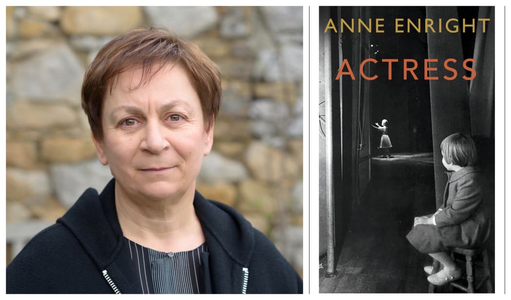 Anne Enright and the cover of her book "Actress featuring Carrie Fisher watching her mother Debbie Reynolds