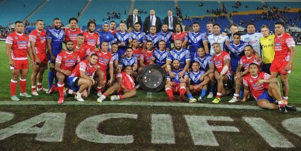 Samoa and Tonga rugby league teams after their Pacific Test.