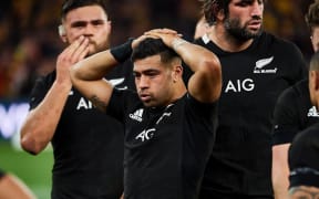 PERTH, AUSTRALIA - AUGUST 10: Richie Mo'unga of the All Blacks looks dejected after the teams defeat during the 2019 Bledisloe Cup test match between the New Zealand All Blacks and the Qantas Wallabies at Optus Stadium, August 10 2019 in Perth,