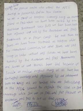 The letter written by Manus Island refugees to leaders attending the APEC Summit in PNG.